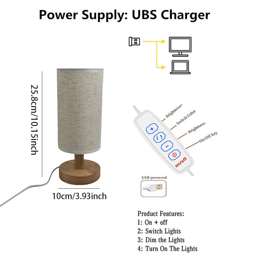 1PC Wooden Bedside Lamp Linen Shade USB LED Night Light Warm Glow Table Lamp Bedroom Decor Modern Minimalist Desk Lamp Reading Light Nightstand Lamp Home Decor Ambient Lighting Living Room Office Study Room Indoor Lighting Gift Wholesale