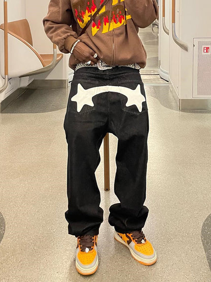 Men's Black Star Printed Baggy Jeans - Fashion Trend