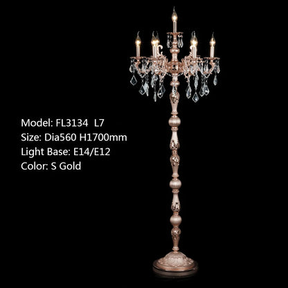 Classic 7 Lights Crystal Floor Lamp, Floor Stand Light Fixture Cristal Lustre Candelabra Standing Lamp Centerpiece