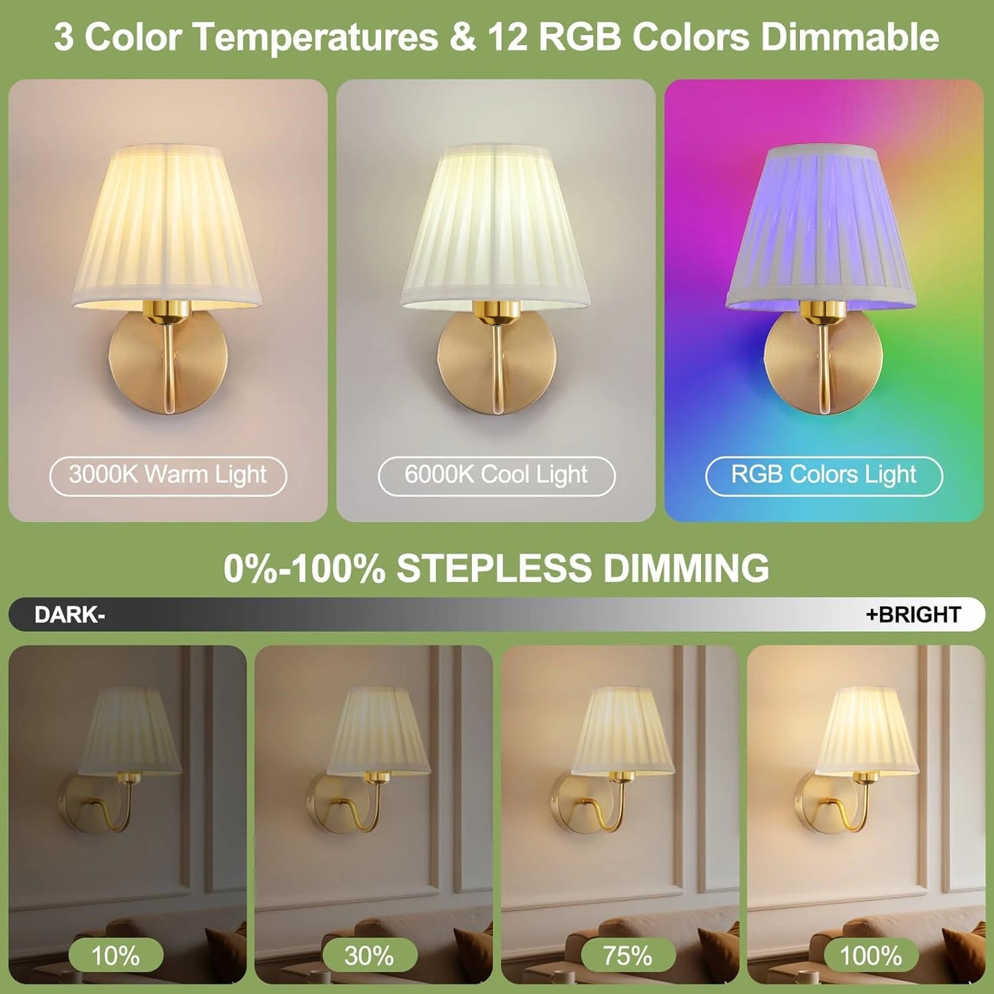 Battery Powered Wall Light Wireless Rechargeable LED Wall Lamp Remote Control Dimmable 15 Color RGB Timer Gold Sconce Living Room Bedroom Entryway Hallway Bedside Lamp Ambient Lighting Home Decor Modern Indoor Lighting Wholesale