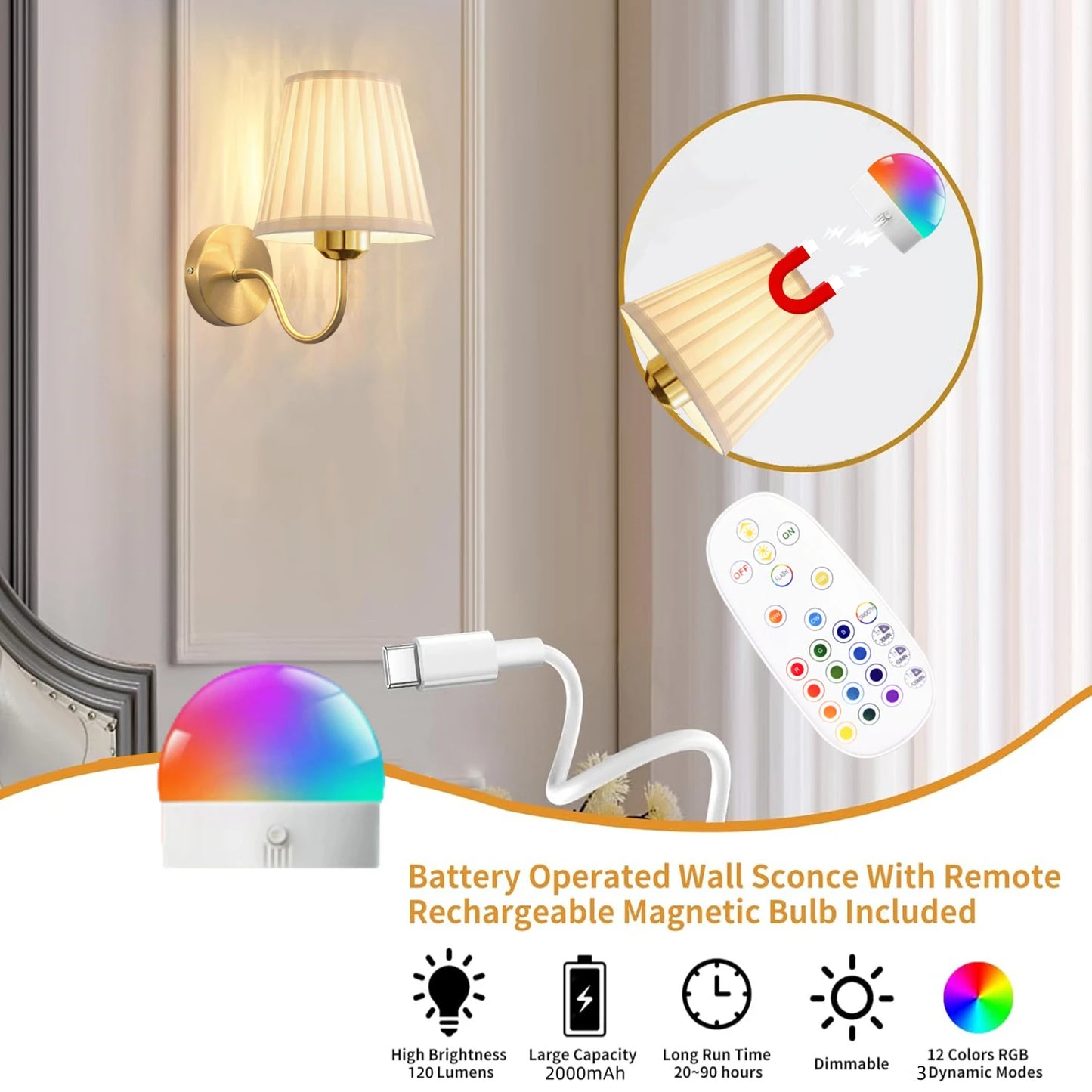 Battery Powered Wall Light Wireless Rechargeable LED Wall Lamp Remote Control Dimmable 15 Color RGB Timer Gold Sconce Living Room Bedroom Entryway Hallway Bedside Lamp Ambient Lighting Home Decor Modern Indoor Lighting Wholesale
