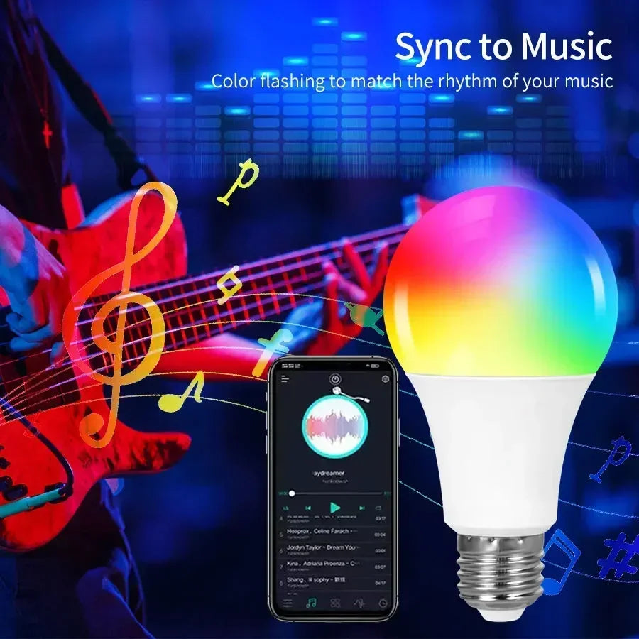 E27 Smart LED Bulb Bluetooth WiFi RGB Light Bulb 9W 15W 18W Tuya Smart Life APP Control Color Changing Lamp 220V Energy Saving Ceiling Light Remote Control Voice Control Bedroom Home Decor Night Light Group Control Intelligent Lighting Wholesale