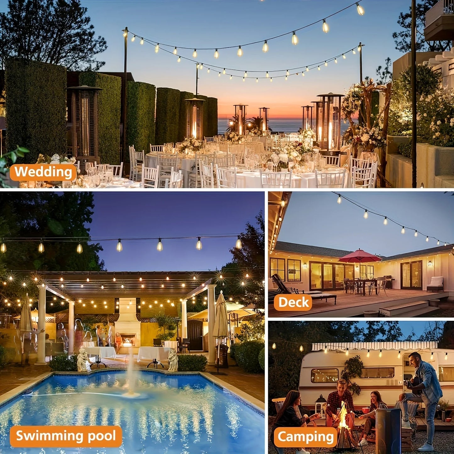 LED Outdoor String Lights ST38 Patio Lights , Outside Hanging Light Waterproof for Porch, Deck, Garden, Backyard, Balcony, 2700K