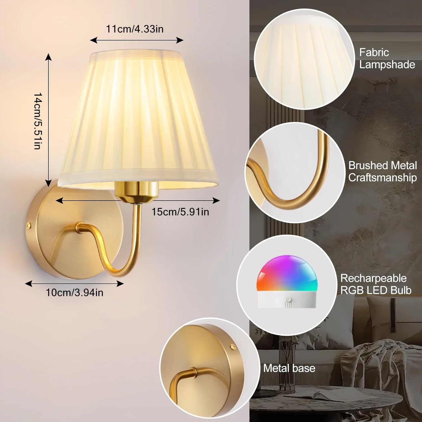 Battery Powered Wall Light Wireless Rechargeable LED Wall Lamp Remote Control Dimmable 15 Color RGB Timer Gold Sconce Living Room Bedroom Entryway Hallway Bedside Lamp Ambient Lighting Home Decor Modern Indoor Lighting Wholesale