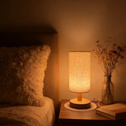 1PC Wooden Bedside Lamp Linen Shade USB LED Night Light Warm Glow Table Lamp Bedroom Decor Modern Minimalist Desk Lamp Reading Light Nightstand Lamp Home Decor Ambient Lighting Living Room Office Study Room Indoor Lighting Gift Wholesale