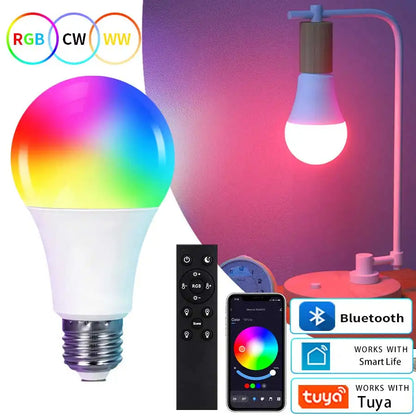 E27 Smart LED Bulb Bluetooth WiFi RGB Light Bulb 9W 15W 18W Tuya Smart Life APP Control Color Changing Lamp 220V Energy Saving Ceiling Light Remote Control Voice Control Bedroom Home Decor Night Light Group Control Intelligent Lighting Wholesale