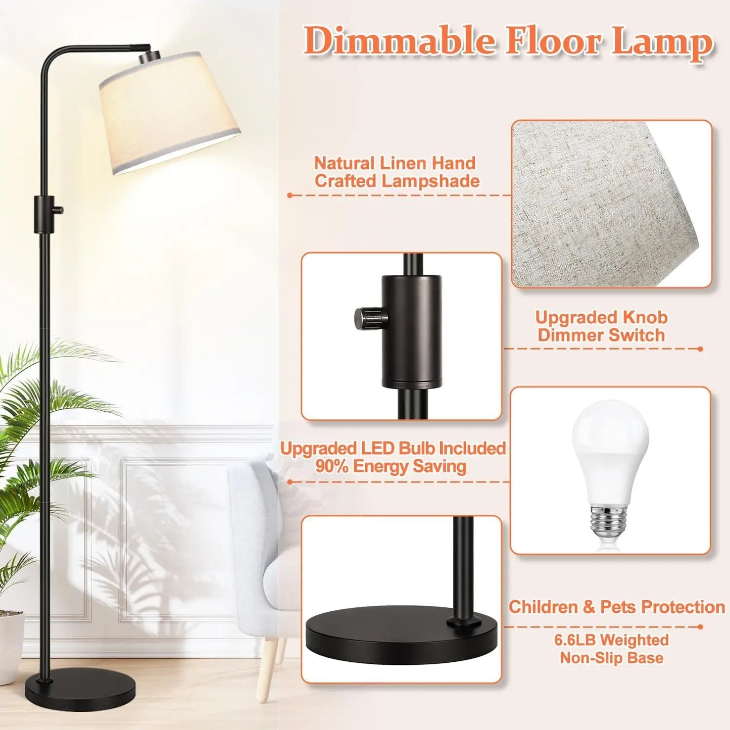 Black Modern Arc Floor Lamp Dimmable Tall Standing Lamp Linen Lampshade 1000 Lumen LED Edison Bulb Living Room Bedroom Office Dining Room Reading Light Home Decor Minimalist Indoor Lighting Contemporary Standing Lamp Wholesale