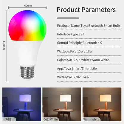 E27 Smart LED Bulb Bluetooth WiFi RGB Light Bulb 9W 15W 18W Tuya Smart Life APP Control Color Changing Lamp 220V Energy Saving Ceiling Light Remote Control Voice Control Bedroom Home Decor Night Light Group Control Intelligent Lighting Wholesale