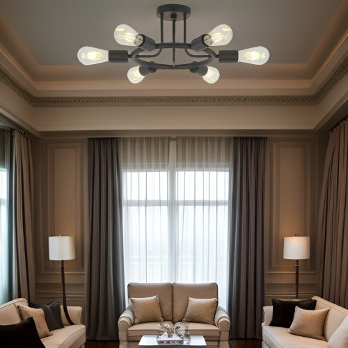 6 Lamps Modern Sputnik Lamp Semi Recessed Chandelier Black