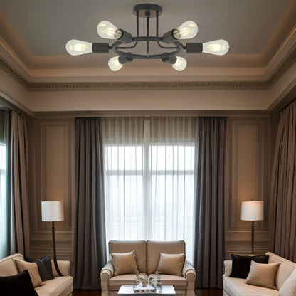 6 Lamps Modern Sputnik Lamp Semi Recessed Chandelier Black