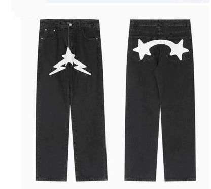 Men's Black Star Printed Baggy Jeans - Fashion Trend