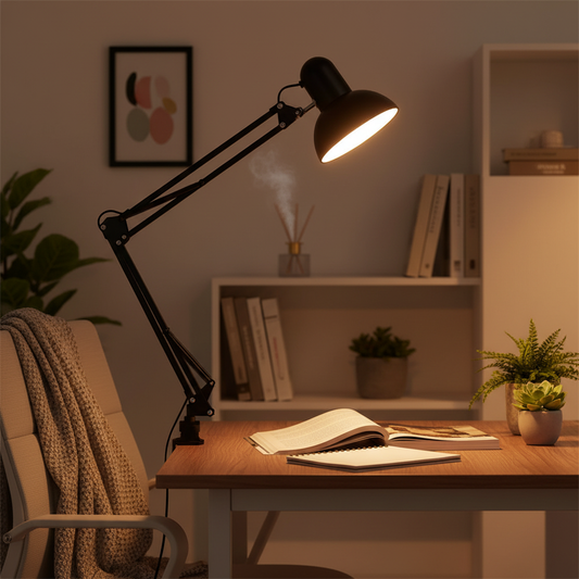 Black swing arm clamp desk lamp in a modern home office