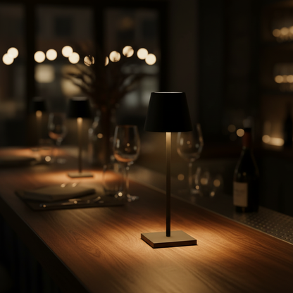 Rechargeable LED table lamp on a bar counter at night