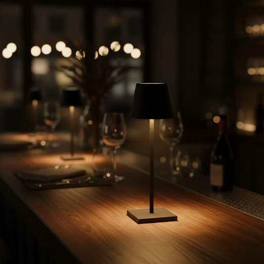 Rechargeable LED table lamp on a bar counter at night