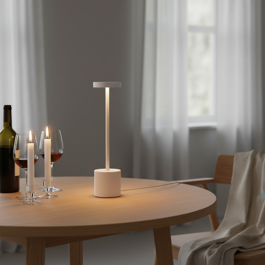 White cordless alloy LED table lamp on a Nordic home bar table
