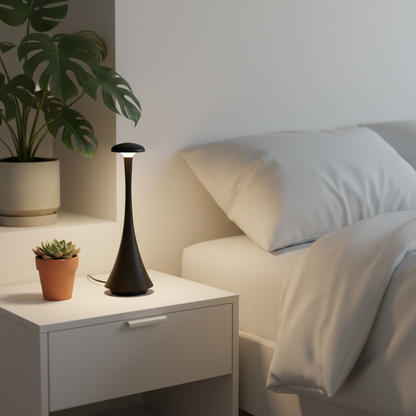 Mushroom rechargeable desk lamp on a cozy bedroom nightstand