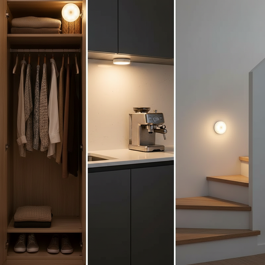 Motion sensor LED night lights in closet, cabinet and staircase